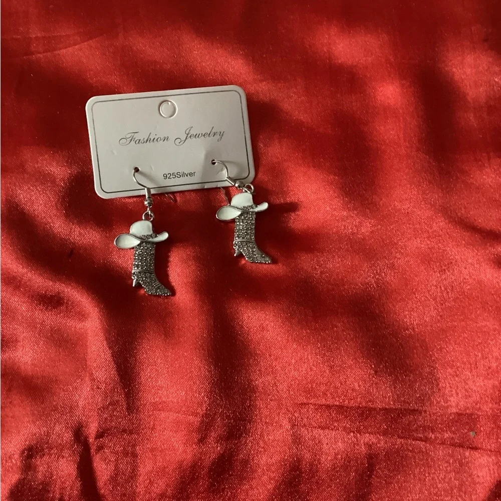 Silver  & White Cowboy Hat Earrings - Picture 3 of 3